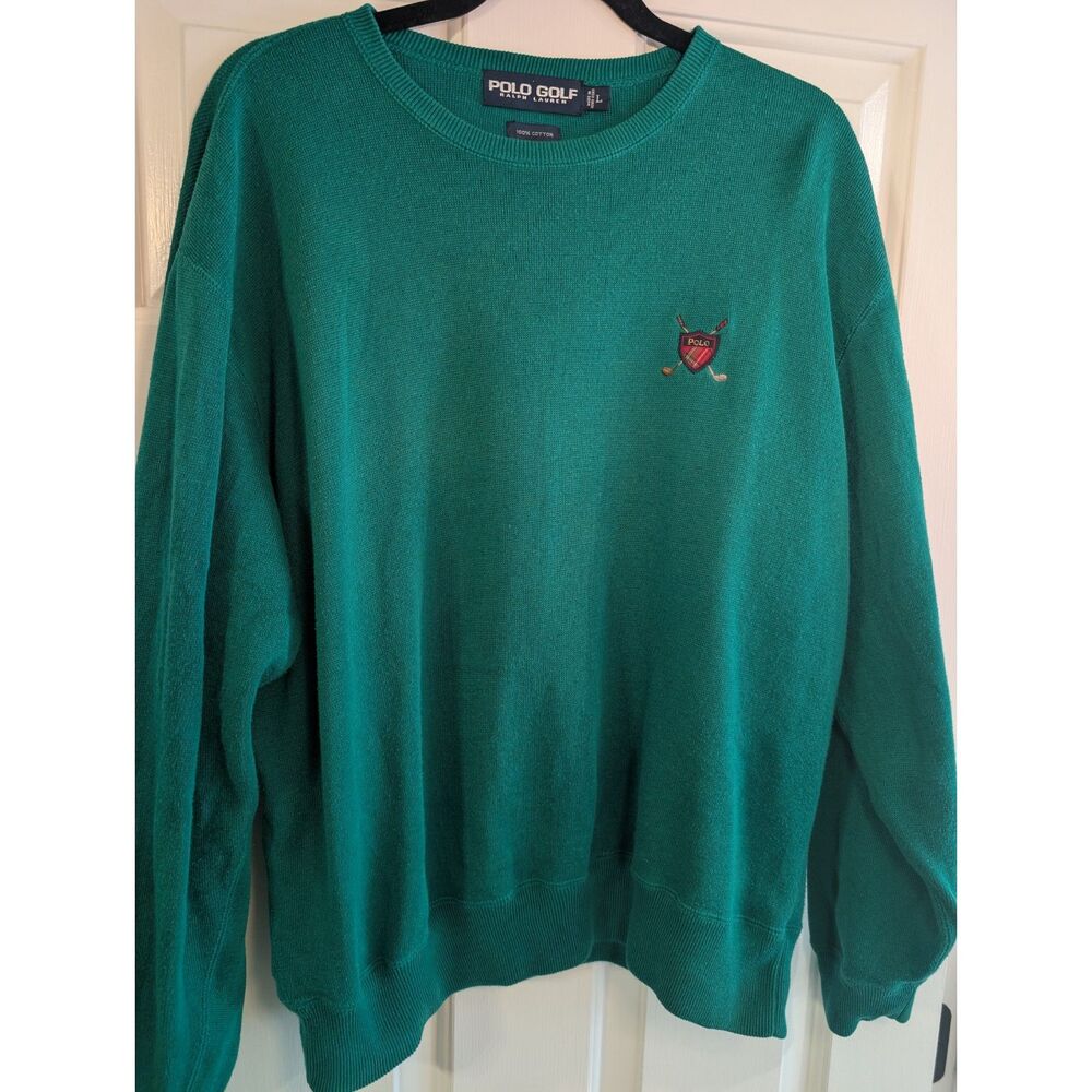 Vintage Polo Golf Ralph Lauren Men's Large Green Crest Crewneck Sweater